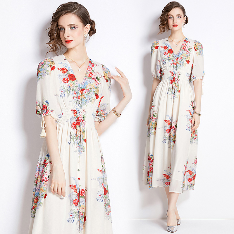 Slim flowers puff sleeve pinched waist floral dress