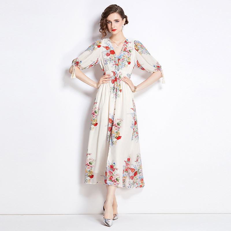 Slim flowers puff sleeve pinched waist floral dress