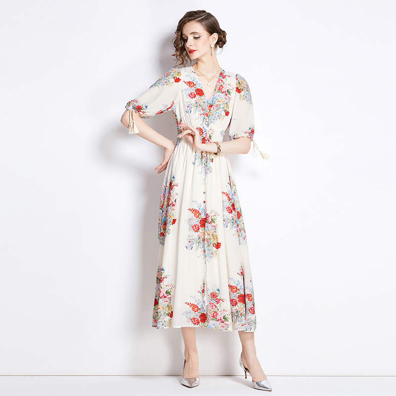 Slim flowers puff sleeve pinched waist floral dress