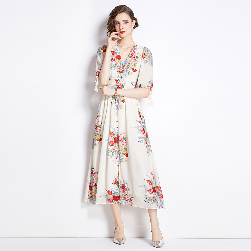 Slim flowers puff sleeve pinched waist floral dress