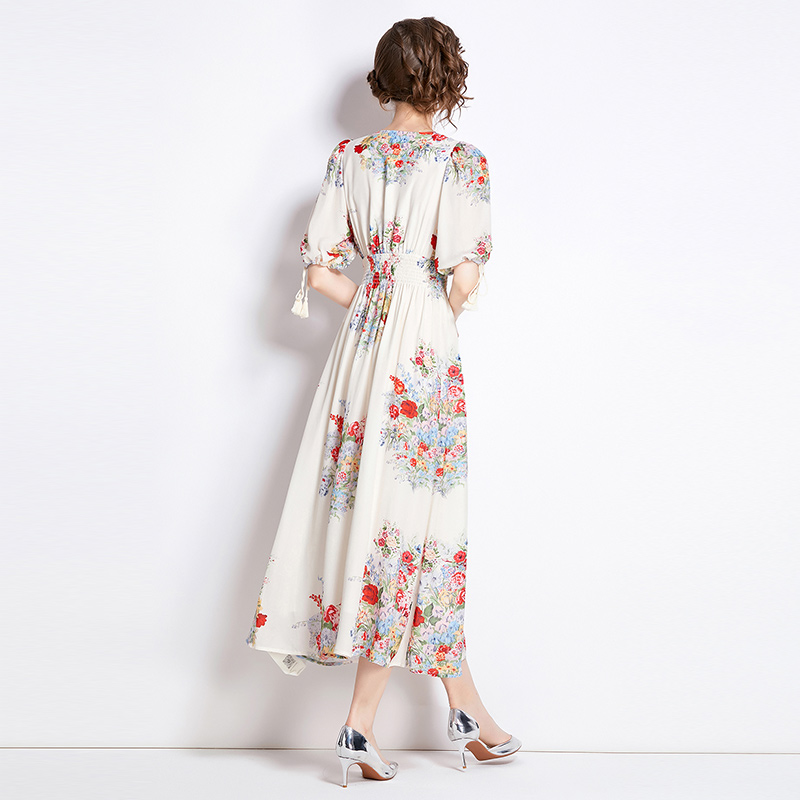 Slim flowers puff sleeve pinched waist floral dress