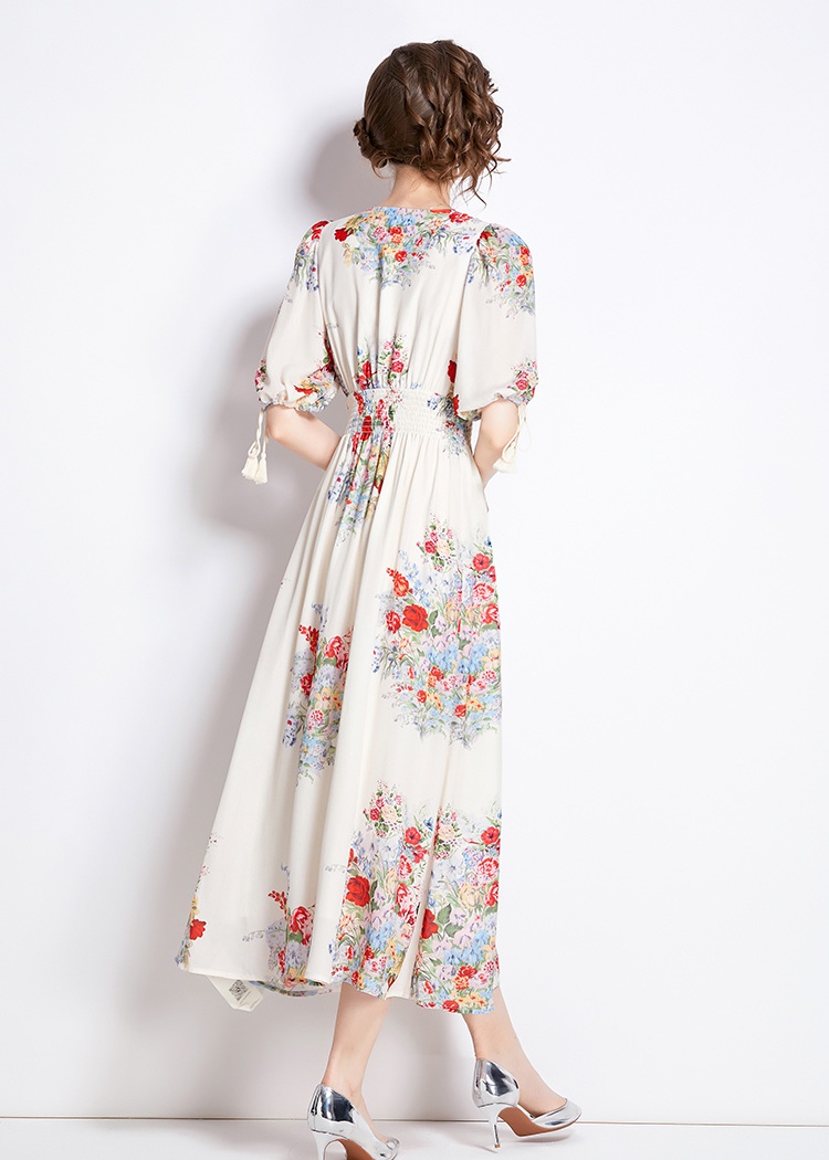 Slim flowers puff sleeve pinched waist floral dress