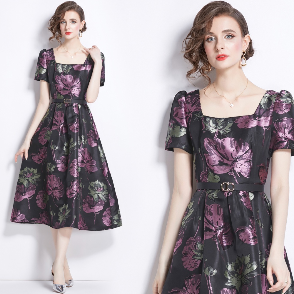 Refinement jacquard dress purple France style long dress