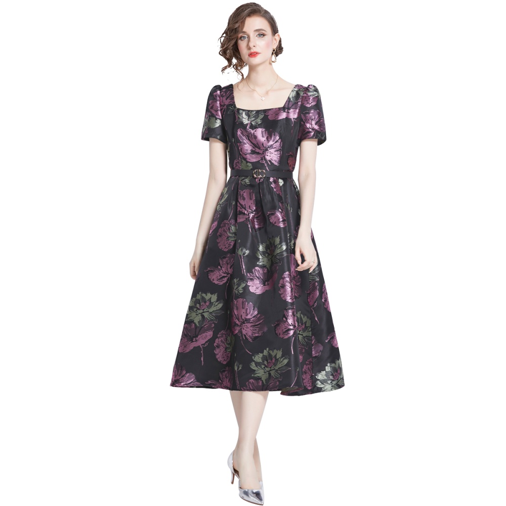 Refinement jacquard dress purple France style long dress