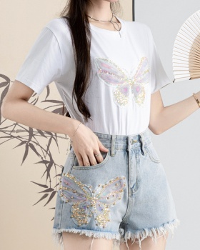 Rhinestone butterfly retro short jeans Chinese style summer shorts