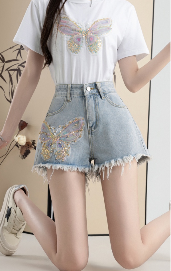 Rhinestone butterfly retro short jeans Chinese style summer shorts