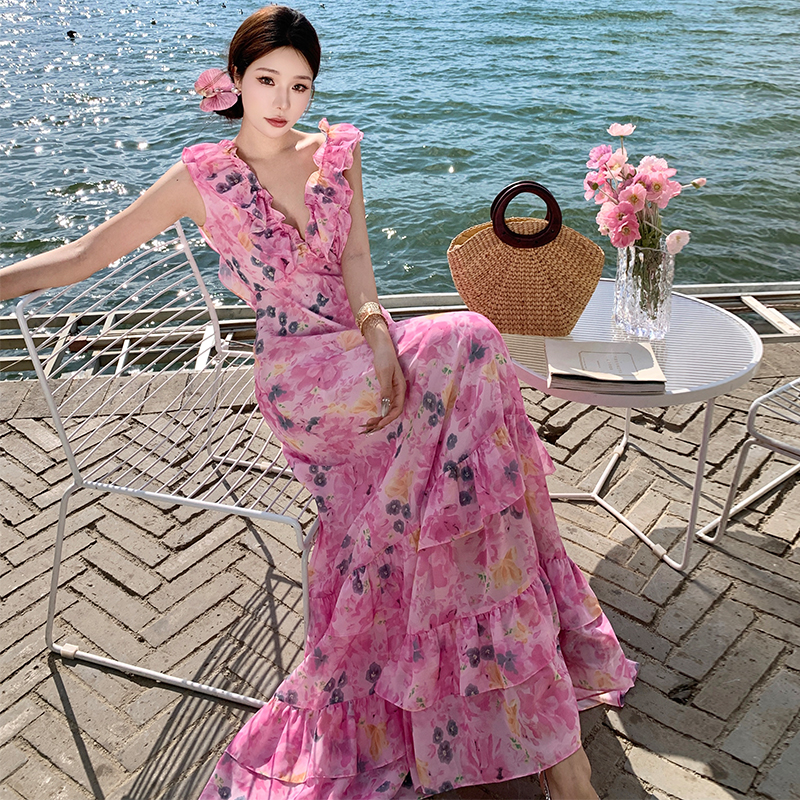 Summer temperament dress lady floral long dress for women