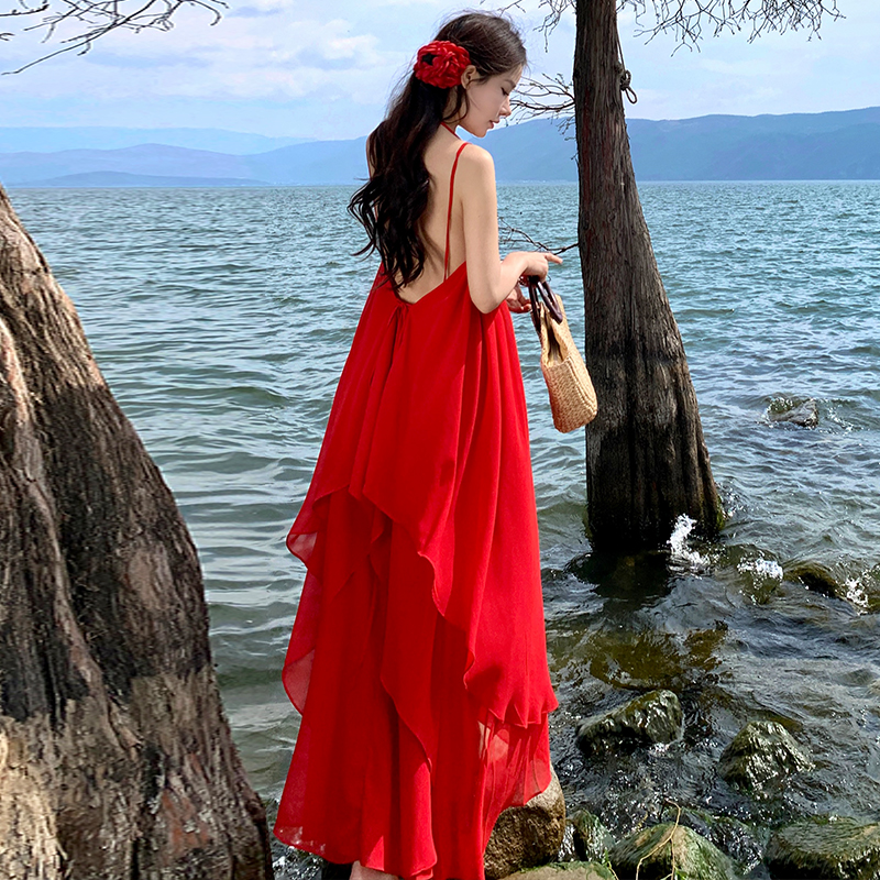 Red seaside elegant dress vacation travel beach dress