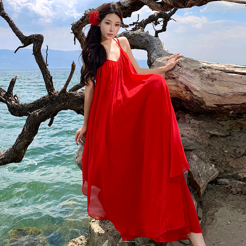 Red seaside elegant dress vacation travel beach dress