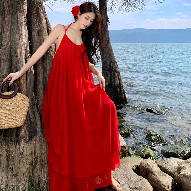 Red seaside elegant dress vacation travel beach dress