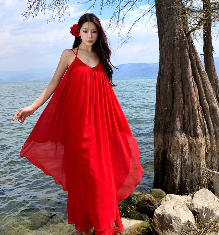 Red seaside elegant dress vacation travel beach dress