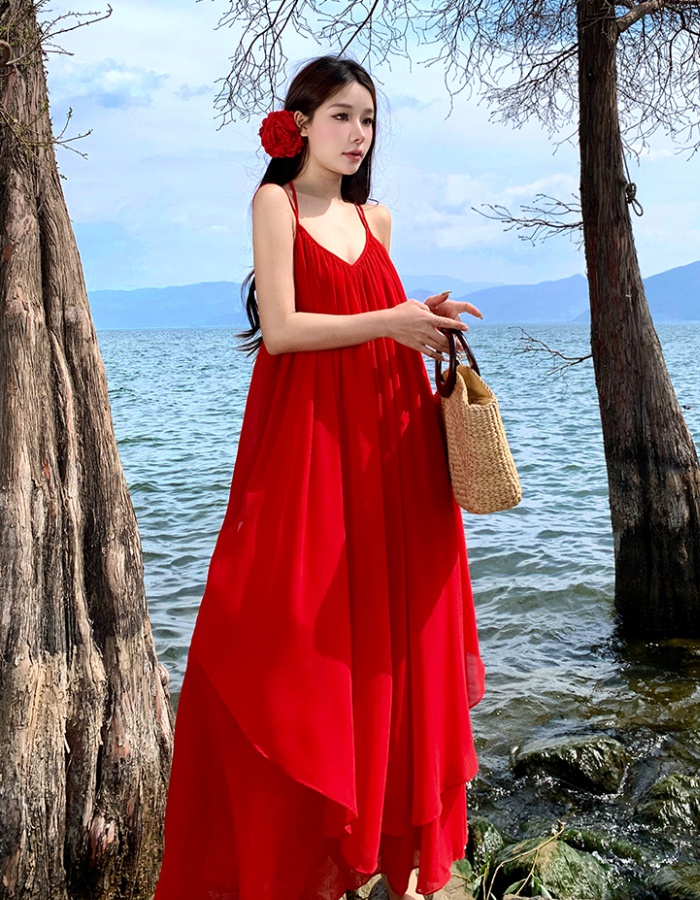 Red seaside elegant dress vacation travel beach dress