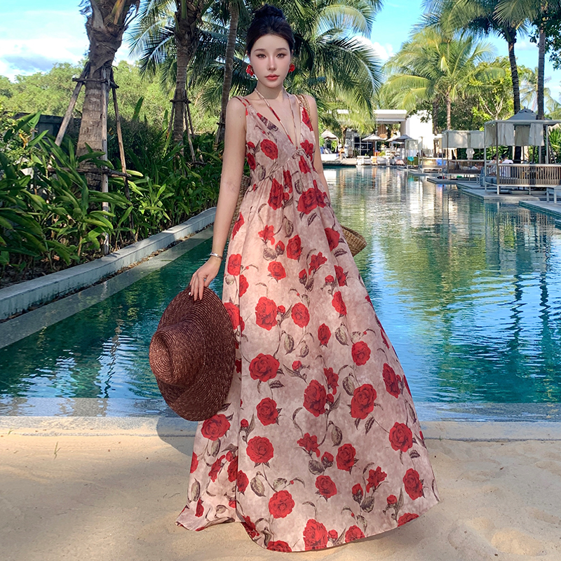 Printing summer long dress vacation France style dress