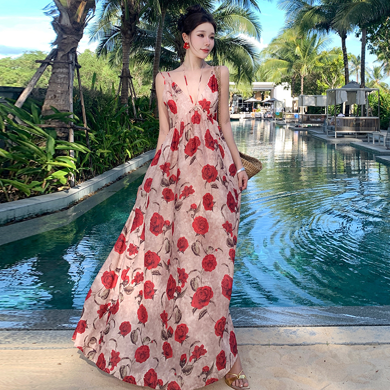 Printing summer long dress vacation France style dress