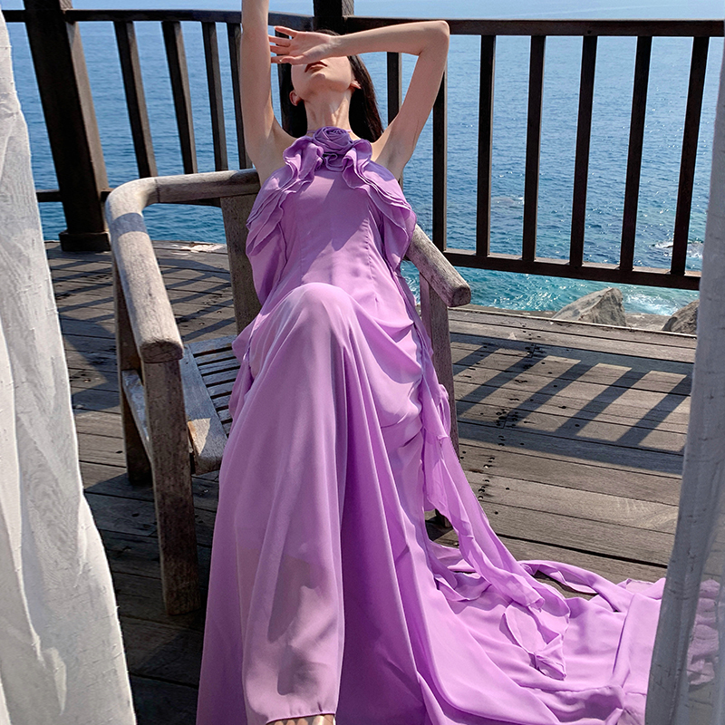 Flowers stereoscopic formal dress purple banquet dress