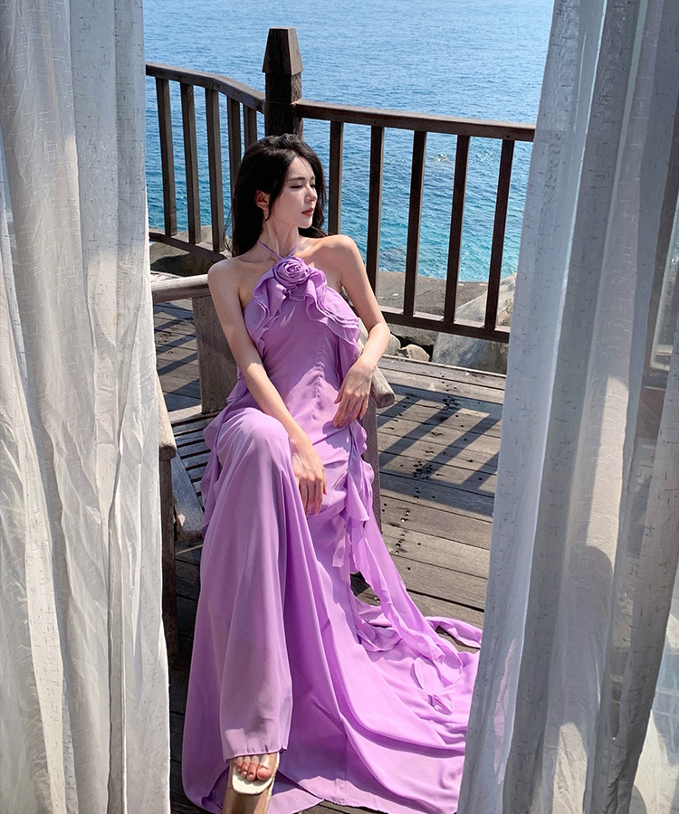 Flowers stereoscopic formal dress purple banquet dress