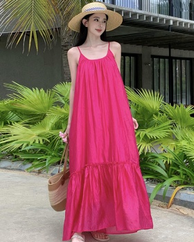 Rose-red sandy beach dress seaside sling long dress