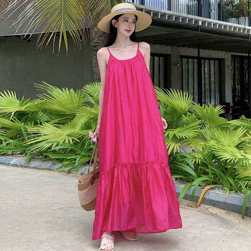 Rose-red sandy beach dress seaside sling long dress