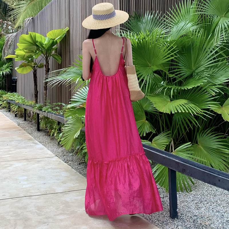 Rose-red sandy beach dress seaside sling long dress