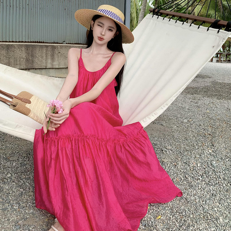 Rose-red sandy beach dress seaside sling long dress