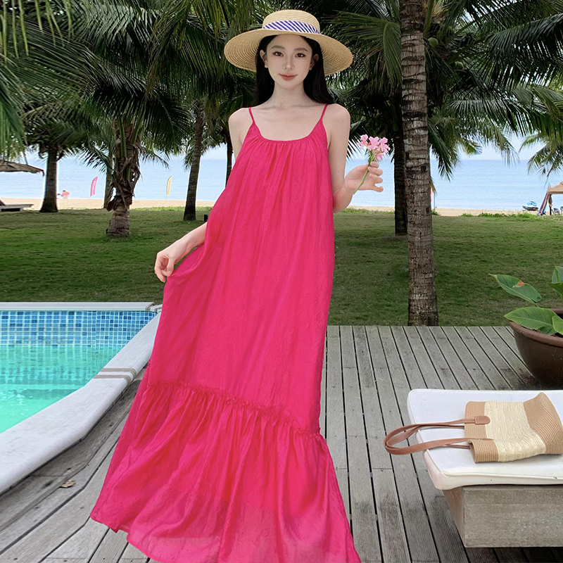 Rose-red sandy beach dress seaside sling long dress