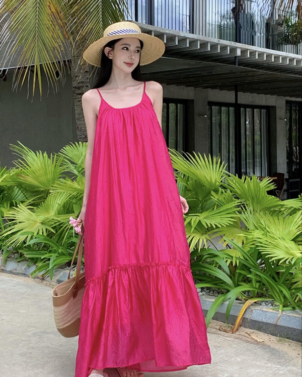 Rose-red sandy beach dress seaside sling long dress