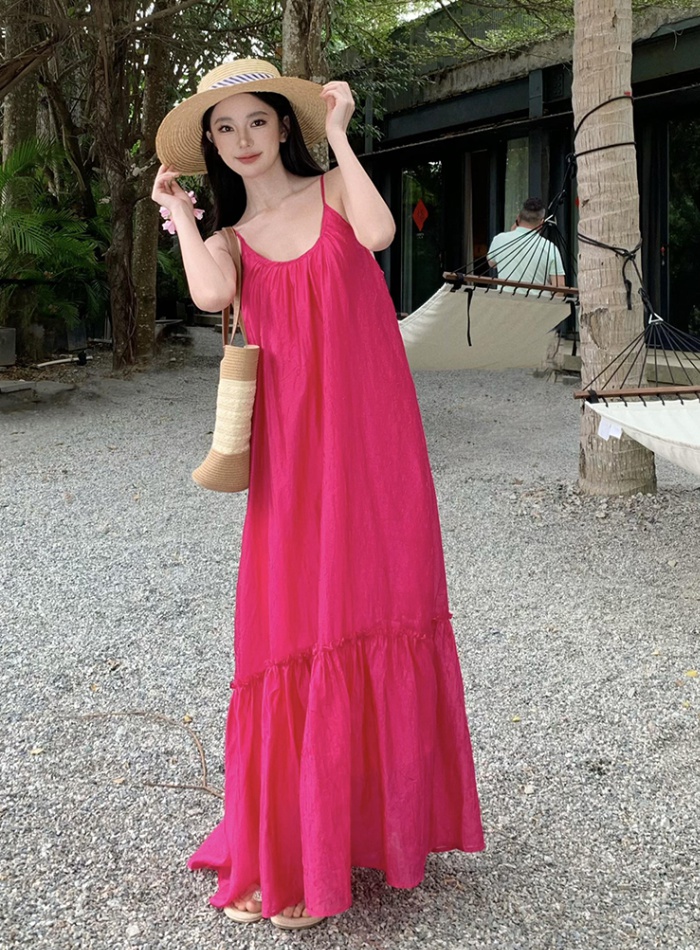 Rose-red sandy beach dress seaside sling long dress