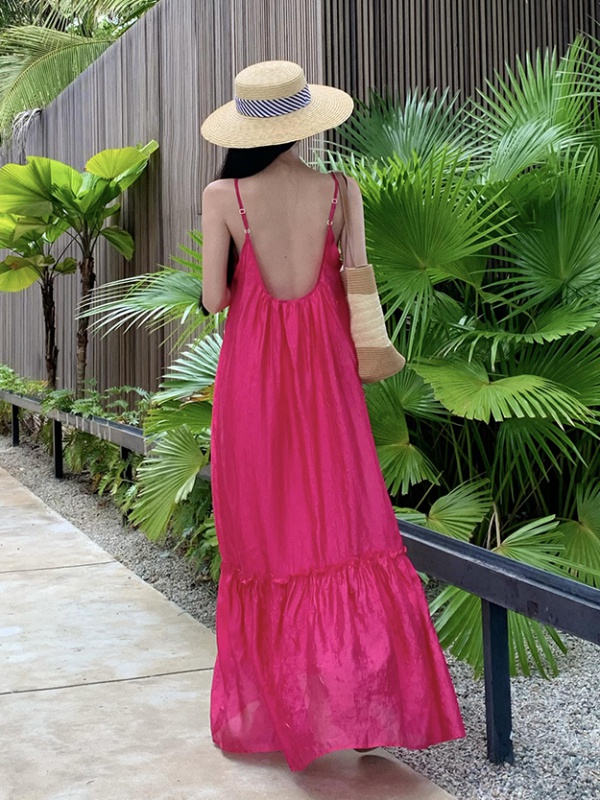 Rose-red sandy beach dress seaside sling long dress