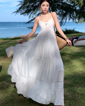 Vacation sandy beach strap dress fresh white dress