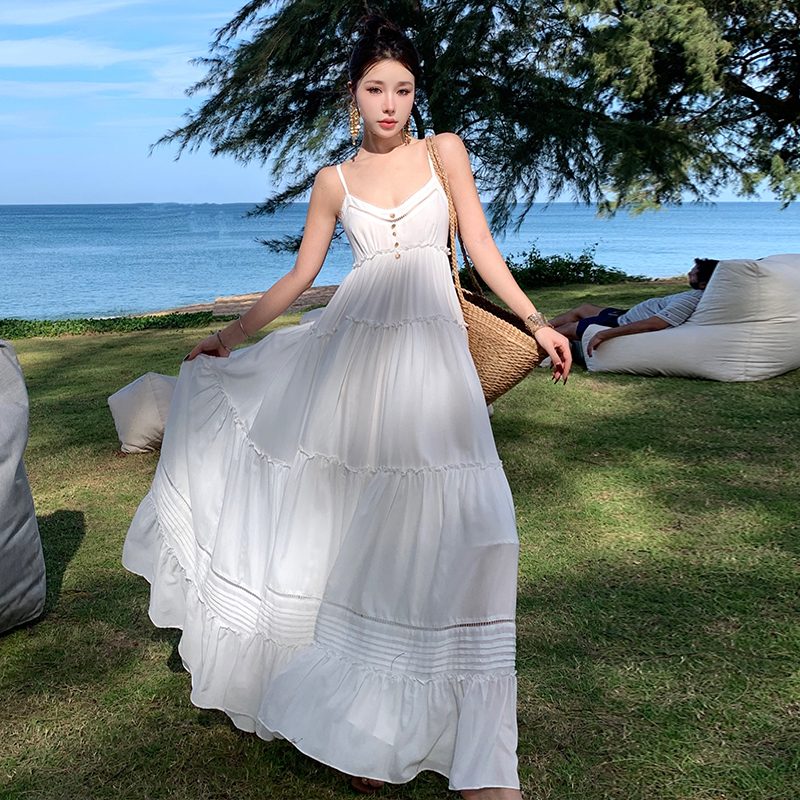 Vacation sandy beach strap dress fresh white dress