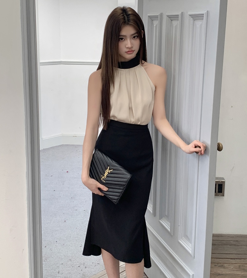 Black long business suit high waist short skirt