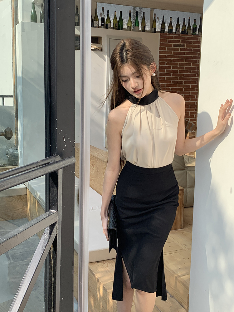 Black long business suit high waist short skirt