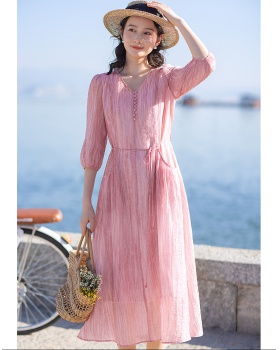 Pink short sleeve long dress spring dress for women