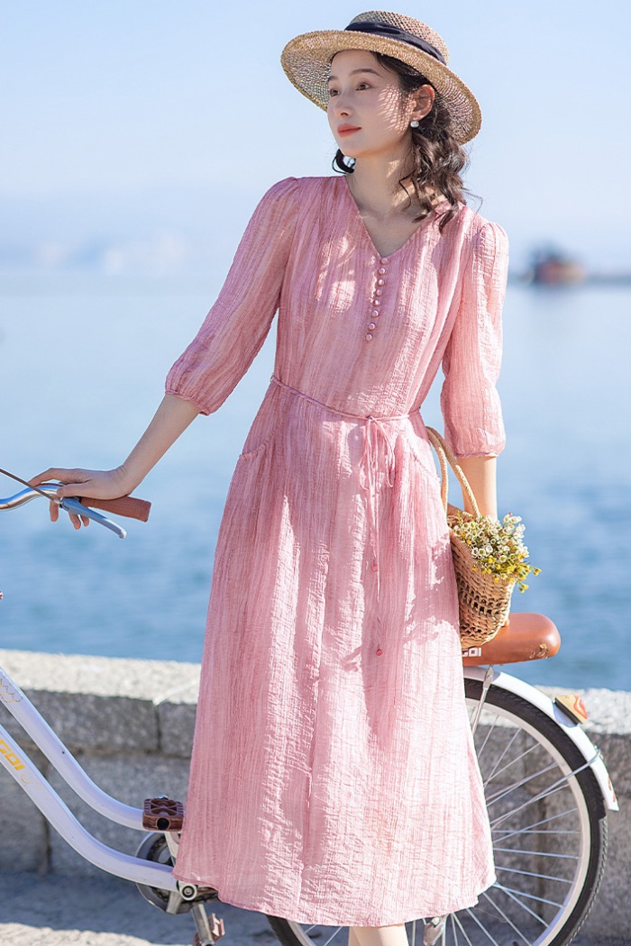 Pink short sleeve long dress spring dress for women