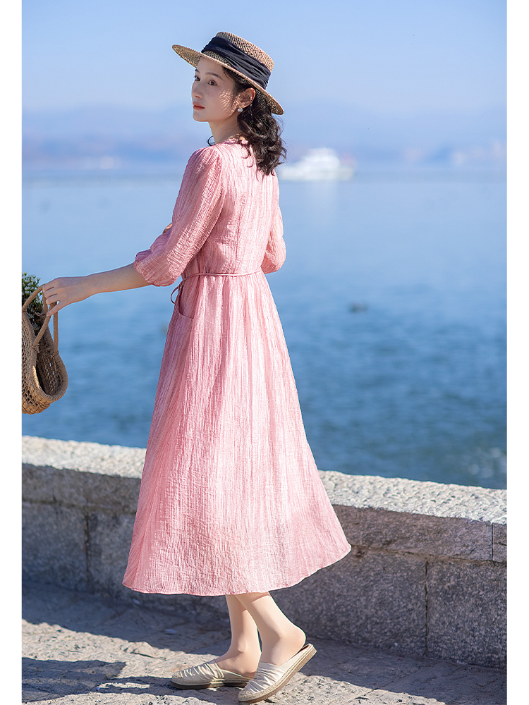 Pink short sleeve long dress spring dress for women