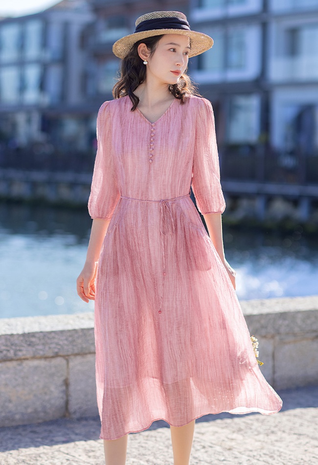 Pink short sleeve long dress spring dress for women