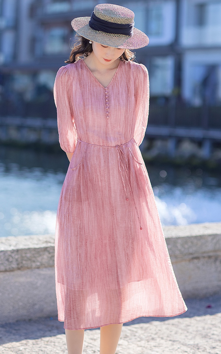 Pink short sleeve long dress spring dress for women