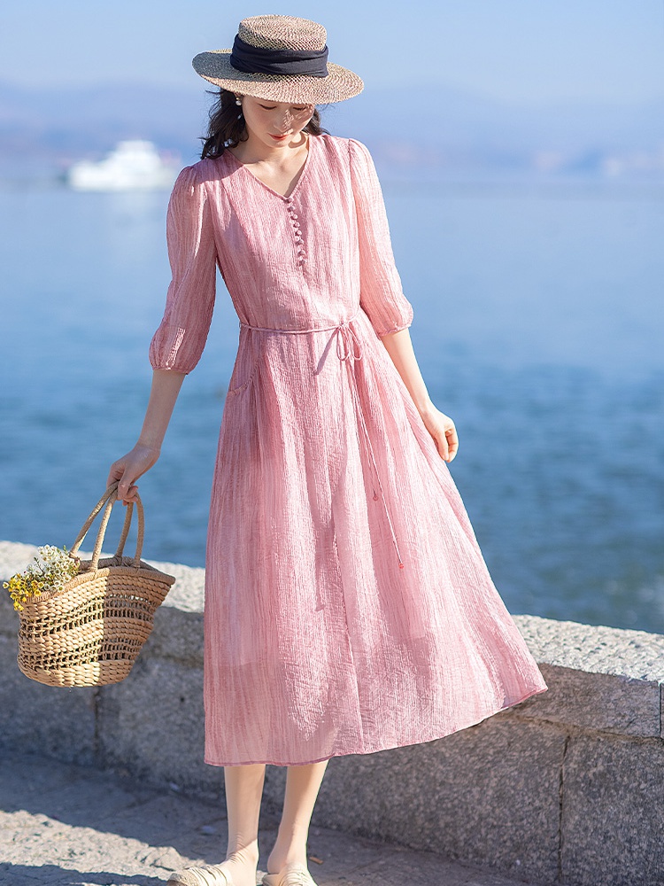 Pink short sleeve long dress spring dress for women