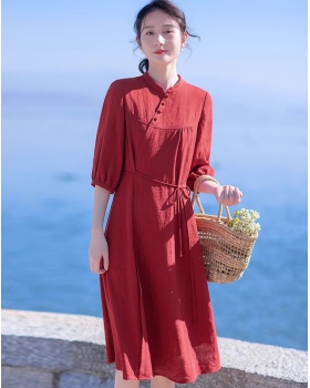 Red pinched waist Chinese style long dress for women