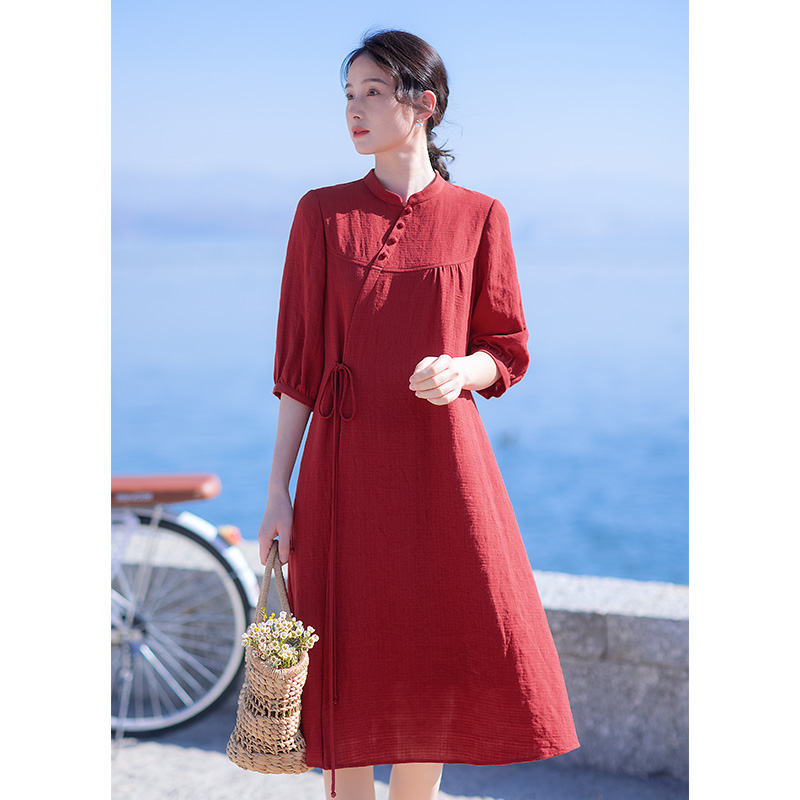 Red pinched waist Chinese style long dress for women