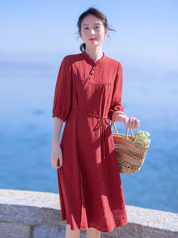 Red pinched waist Chinese style long dress for women