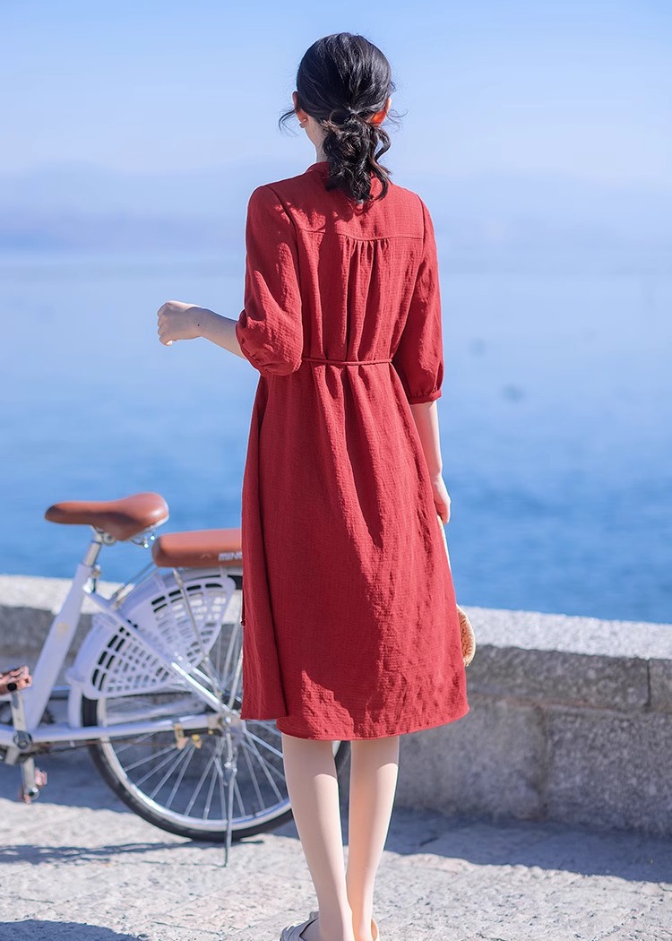 Red pinched waist Chinese style long dress for women