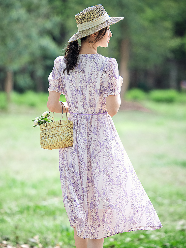 Floral summer lady purple France style dress for women