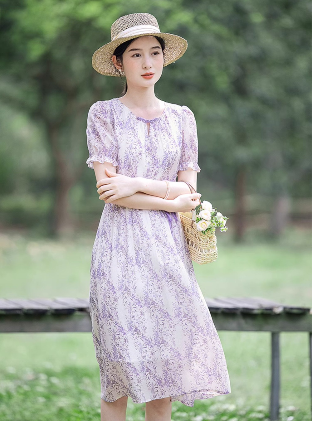 Floral summer lady purple France style dress for women