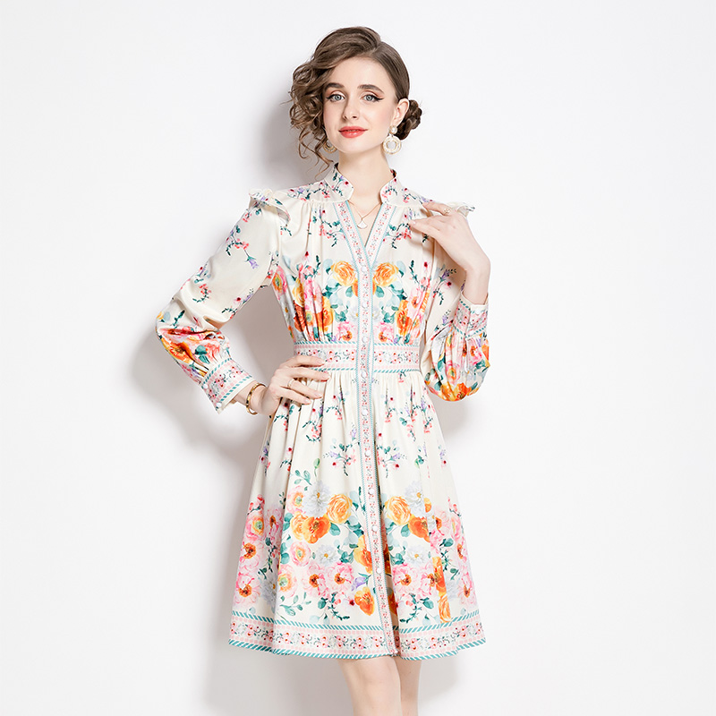 Lantern sleeve spring and summer short single-breasted retro dress