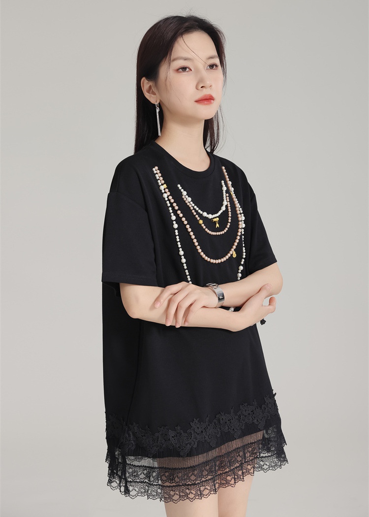 Slim short sleeve beading dress loose splice T-shirt