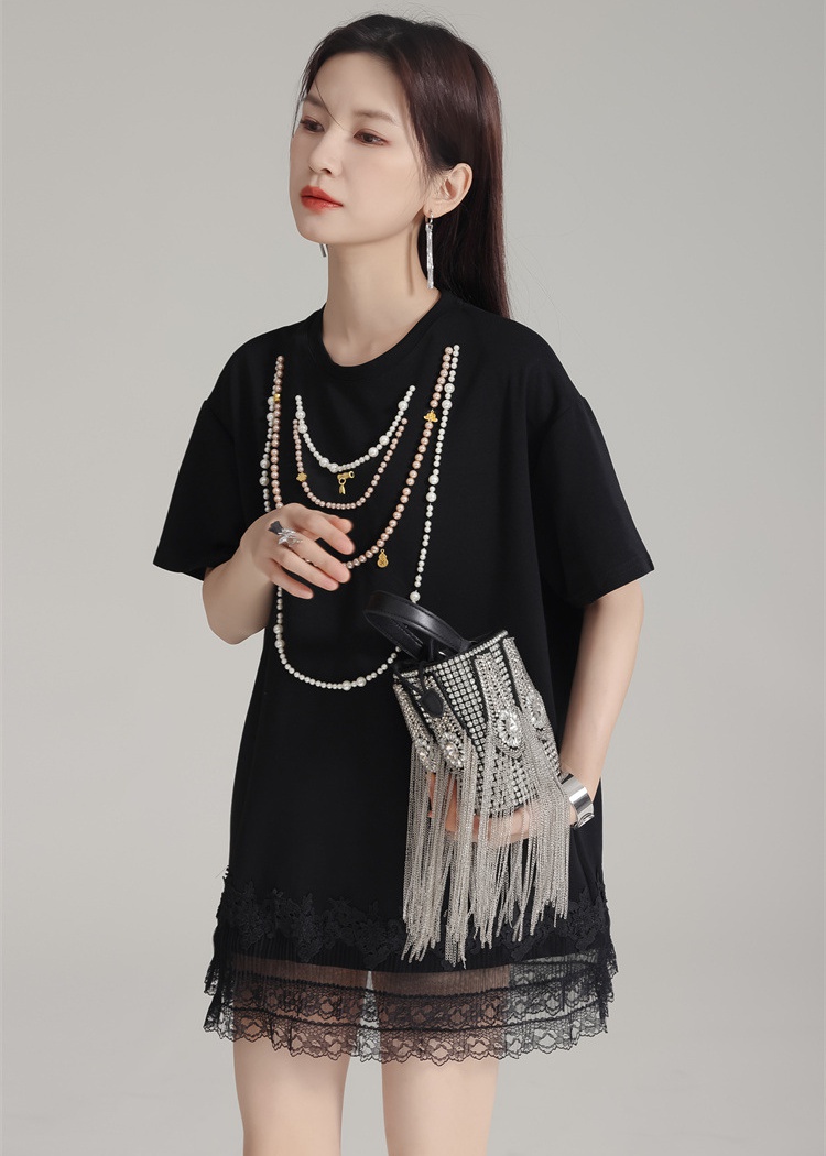 Slim short sleeve beading dress loose splice T-shirt