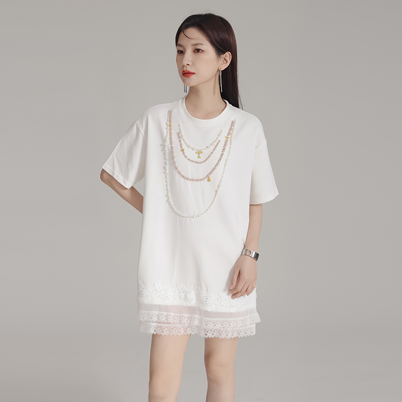 Slim short sleeve beading dress loose splice T-shirt