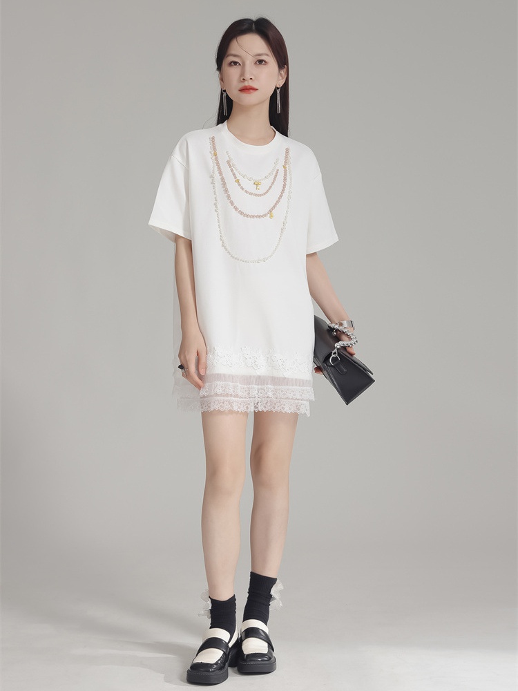 Slim short sleeve beading dress loose splice T-shirt