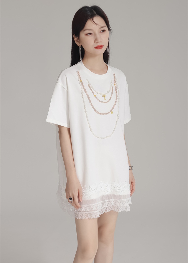 Slim short sleeve beading dress loose splice T-shirt